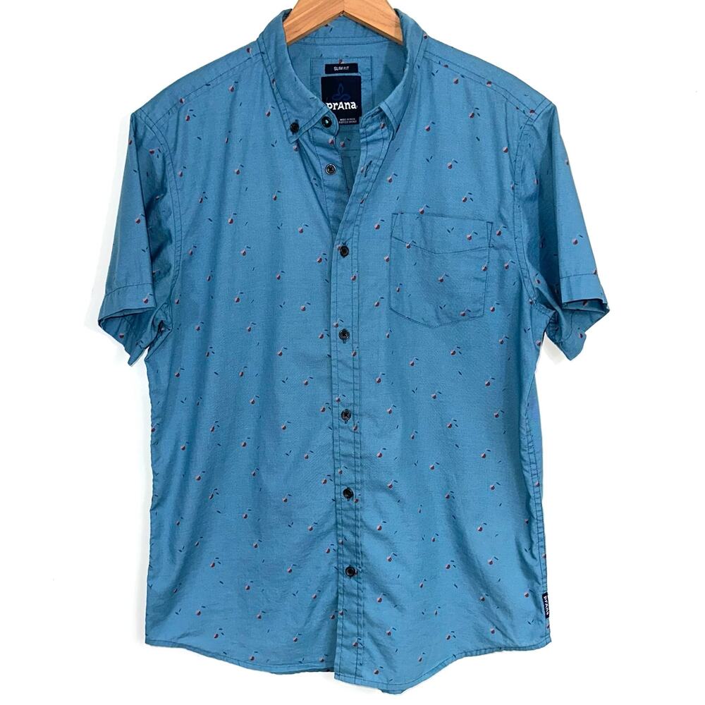 Prana Men’s Broderick Cherries Slim Fit Button Up Short Sleeve Shirt Size Medium